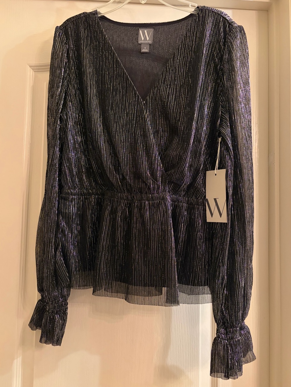 Worthington Black Metallic Wrap Peplum Long-Sleeve Top